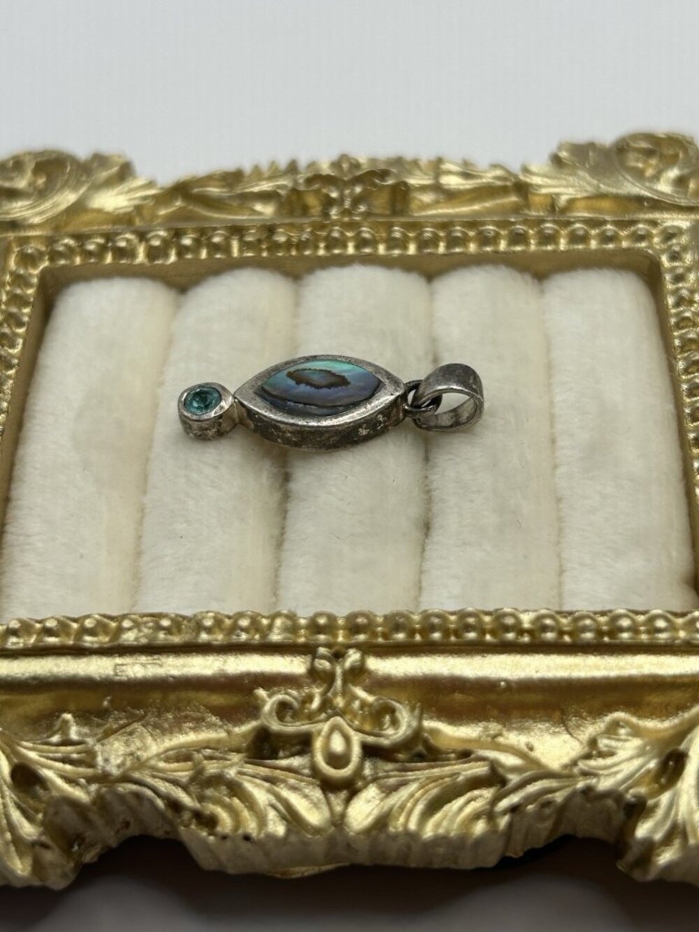 Vintage Sterling Silver Abalone Pendant Marquise Inlay Blue Stone Accent - Picture 3 of 12